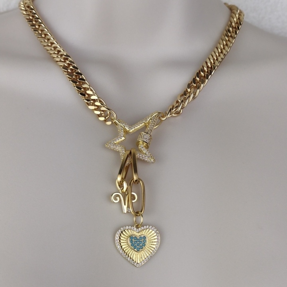 Gorgeous Chunky Braided Gold Chain Heart Pendant Necklace with Blue Accent Charm